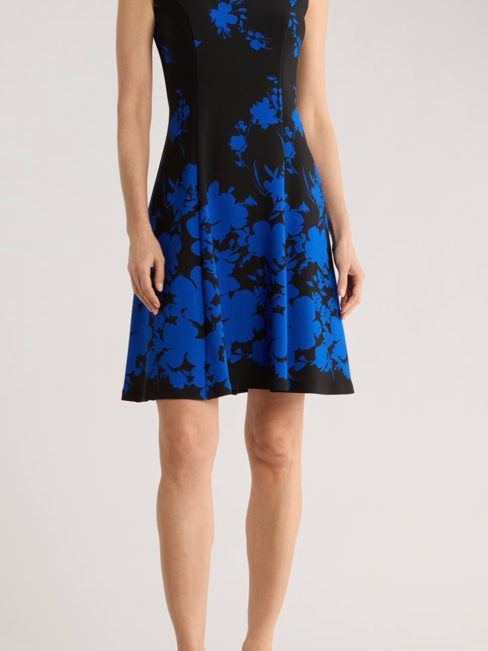 connected apparel Black and Royal Blue Floral Fit-and-Flare Midi Dress